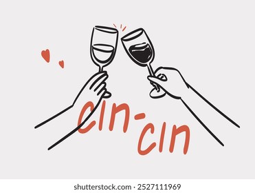 Hands hold glass of red, sparkling wine, champagne or other alcoholic drink. Cheers vector illustration for greeting cards, placard, prints, invitations, menu design. Line hand drawing template.