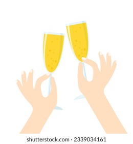 Hands hold glasse of sparkling wine. Champagne glasses cheers. People celebrate christmas or birthday. Vector illustration in trendy flat style.