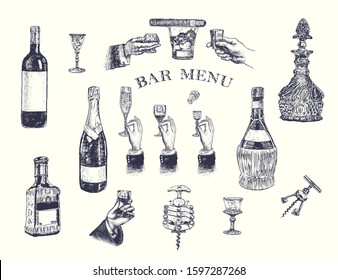 Hands hold glasses of alcoholic drinks. Hand drawn vector illustration with wine bottle, champagne, glass, tequila, decanter, glass of whisky and cigar, stopper, stopper, corkscrew. Vintage engraving
