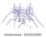 Hands hold glasses with alcoholic or non alcoholic cocktail. Cheers vector illustration for greeting card, postcard, placard, invitation, menu design. Line drawing of people celebrating and drinking.