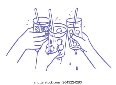 Hands hold glasses with alcoholic or non alcoholic cocktail. Cheers vector illustration for greeting card, postcard, placard, invitation, menu design. Line drawing of people celebrating and drinking.