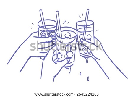 Hands hold glasses with alcoholic or non alcoholic cocktail. Cheers vector illustration for greeting card, postcard, placard, invitation, menu design. Line drawing of people celebrating and drinking.
