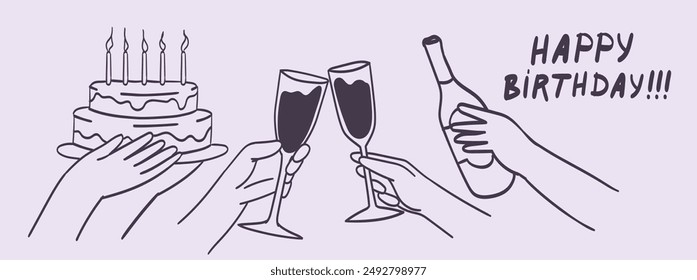 Hands hold glasses and bottle of red wine, champagne and birthday cake. Cheers vector illustration for greeting card, postcard, placard, party invitation. Line doodle drawing of people celebrating.