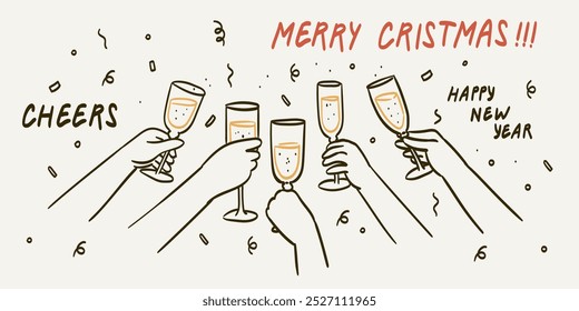 Hands hold glasses with white sparkling wine or champagne. Cheers vector illustration for greeting card, postcard, placard, invitation design. Line drawing of people celebrating christmas or new year.