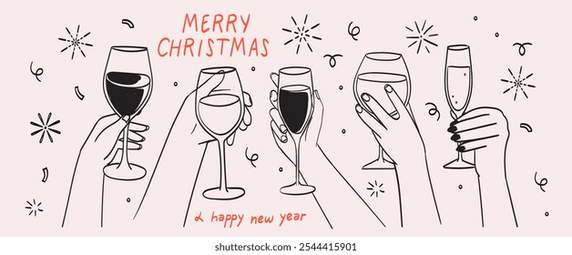 Hands hold glasses of white sparkling or red wine, champagne or cocktail. Cheers vector illustration for greeting card, postcard, placard, invitation, menu design. Line drawing of people celebrating.