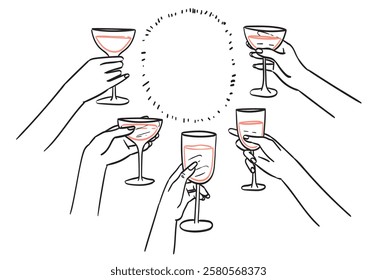 Hands hold glasses of white sparkling red wine, champagne or martini cocktail. Cheers vector illustration for greeting card invitation, postcard, placard, menu design. Drawings of people celebrating.