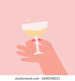 Hands hold glasses of white sparkling or red wine, champagne or cocktail. Cheers vector illustration for greeting card, postcard, placard, invitation, menu design. Friday party. Retro party poster. 
