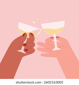 Hands hold glasses of white sparkling or red wine, champagne or cocktail. Cheers vector illustration for greeting card, postcard, placard, invitation, menu design. Friday party. Retro party poster. 