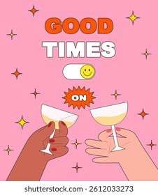 Hands hold glasses of white sparkling or red wine, champagne or cocktail. Weekend poster. Retro vintage styled concert or festival or party flyer or poster design template. Retro party poster. 