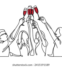 Hands hold glasses of wine, one line is a continuous outline of the drawing