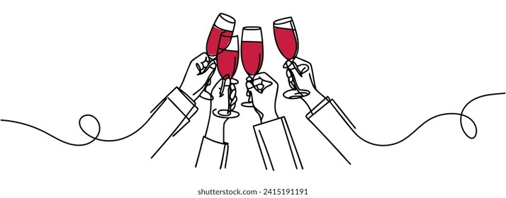 Hands hold glasses of wine, one line is a continuous outline of the drawing