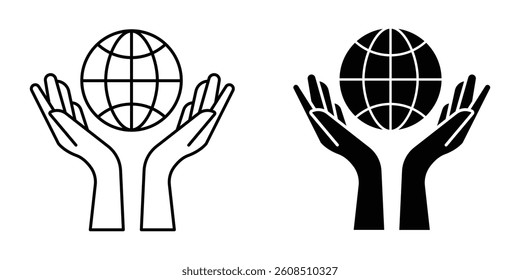 hands hold the globe icon. Planet in the hand vector icon, Globe with hands icon. hand with a globe icon.