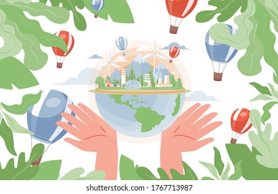 Hands hold globe with nuclear factory and wind turbines flat vector illustration. Leaves and air balloons. Lean and polluting electricity generation production. Renewable energy, save planet from pollution.