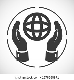 hands hold the globe. planet in the hand. Stylish work vector graphic design. globe two hands 10 eps