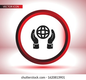 hands hold the globe. planet in the hand. Stylish work vector graphic design. globe two hands 10 eps