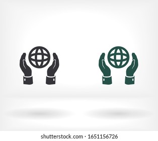hands hold the globe. planet in the hand. Stylish work vector graphic design. globe two hands 10 eps