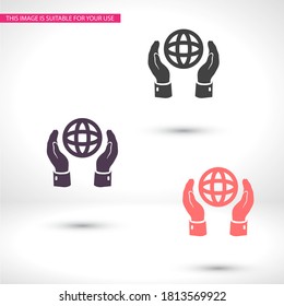 las manos en el globo. planeta en la mano. Diseño gráfico vectorial de trabajo elegante. globo dos manos 10 pies