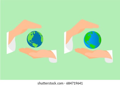 Hands hold the globe and protect it