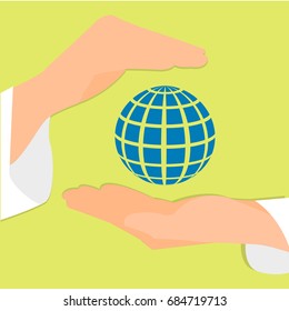 Hands hold the globe and protect it