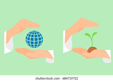 hands hold the globe and the sprout protect it