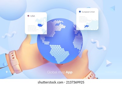 Hands hold a globe. World map user interface. Mobile application for travel and tourism. Country statistics. Global map of the world. Vector illustration 3d style