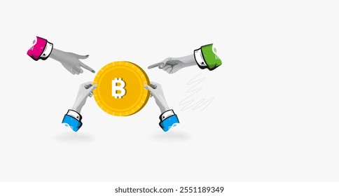 Las manos sostienen monedas de oro y criptomonedas: financiación e inversión para bitcoin. Bitcoin concepto de símbolo de oro. Ilustración vectorial de arte de collage