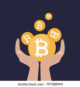 Hands hold golden bitcoins sign icon.  Cripto currency. Vector flat illustration. 