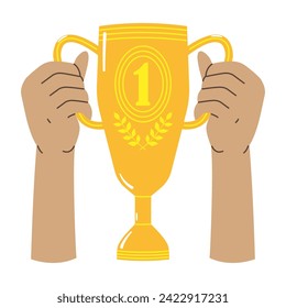 Hands hold the golden cup of trophy