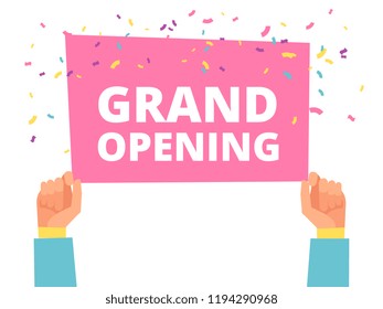 Hands hold Grand Opening info banner with colorful conffetti vector template illustration