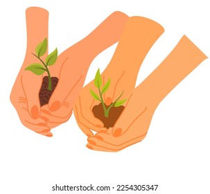 Hands hold the ground with plant sprouts. Happy Tu Bishvat. Planting Seeds of Change. New Year for Trees, Jewish Holiday. Vector cartoon illustration isolated on the white background.