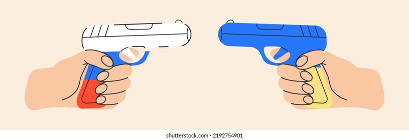 Las manos sostienen armas en el símbolo de la bandera de Ucrania y Rusia, VS. Metáfora del conflicto militar, concepto de vector de acción militar.