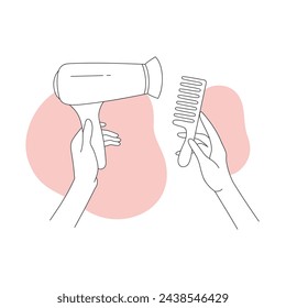 Hands hold hair dryer and comb. Hair care routine, washing hair line vector illustration