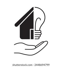 Hands hold half lightbulb with  house. Eco energy saving concept. Vector illustration