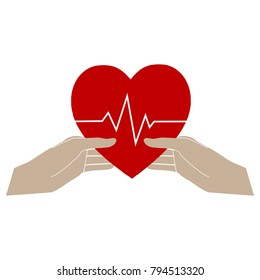 Hands hold heart beat line