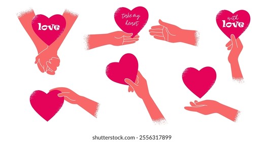 hands hold the heart in different versions isolated on a white background. set of hands with a symbol of love a heart. flat pattern with texture. stock vector illustration. EPS 10.