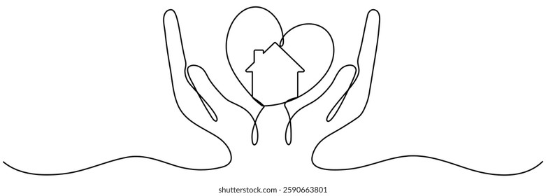 Hands hold heart with house inside continuous line drawn. Real estate protection concept. Charity symbol. Shelter sign. Vector illustration isolated on white.
