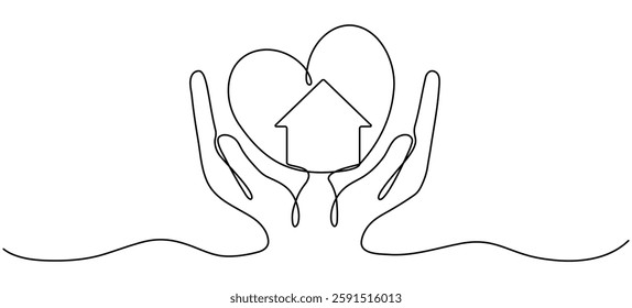 Hands hold heart with house inside continuous line drawn. Real estate protection concept. Charity symbol. Shelter sign. Vector illustration isolated on white.