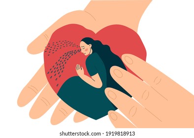 Hands hold heart inside crying woman or girl. Compassion, support and comfort. Help in overcoming depression. Flat vector illustration in trendy style.