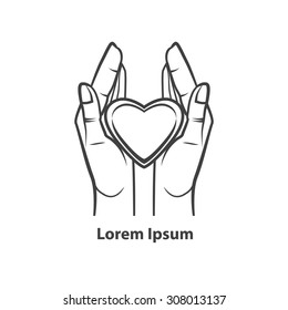 hands hold heart, logo design, Valentine day concept, simple illustration