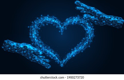 Hands hold a heart made of particles and fragments. Polygonal construction of concatenated lines and points. Blue background.