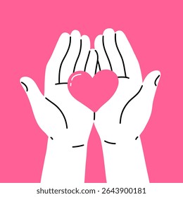 The hands hold the heart in the palms. Vector flat illustration.