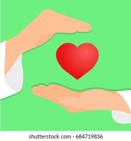 Hands hold the heart and protect it; with gradient