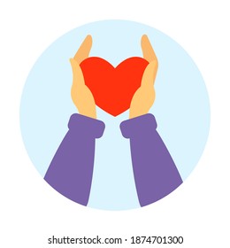 Hands hold the heart. Protection and charity concept. Vector illustration in a flat style.