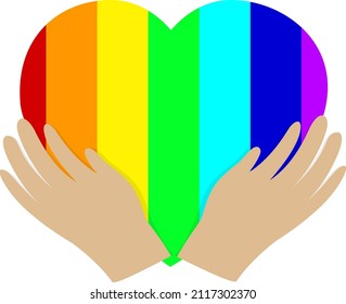 The hands hold the heart with rainbow coloring, Template, LGBT symbolism, icon. Gay Pride. Rainbow. Flat Vector Design Isolated on White Background. Flat vector illustration.