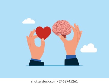 Hands hold heart shape and human brain. Body and brain harmony. Flat vector illustration