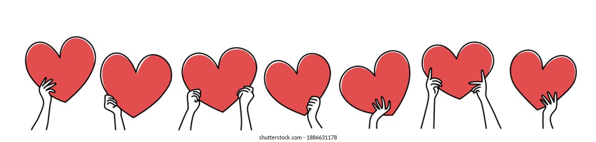 Hands hold a heart symbol. Charity and donation concept. Hand drawn vector illustration.