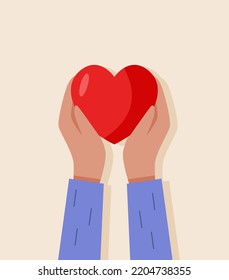 Hands hold the heart. Vector illustration, concept of tenderness caring love.