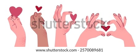 Hands hold hearts. Cartoon set of hands for Valentine's Day. Volunteering, giving love, care, charity, help concert.