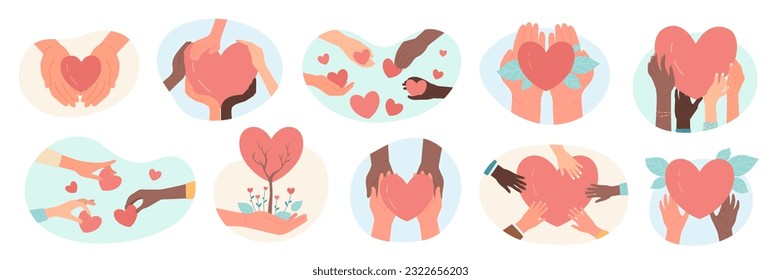 Hands hold hearts set vector illustration. Cartoon isolated multiethnic palms of human hands give support and help, participate in charity organization, voluntary and solidarity of social community
