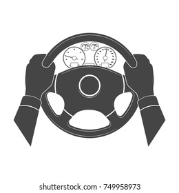 Hands hold the helm of car.
